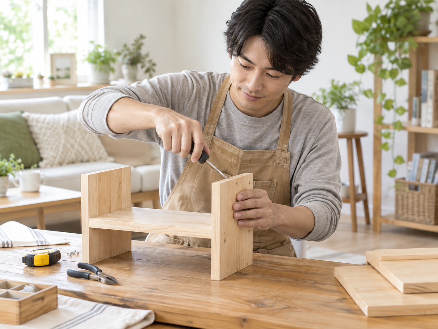 明るい室内で工具を使って木製の棚を組み立てるDIYのイメージ